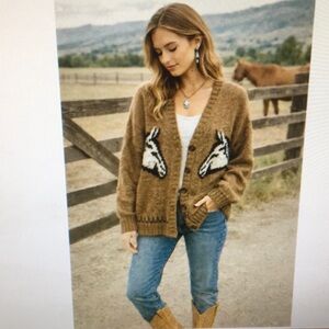 OLD NAVY/VIRAL HORSE CARDIGAN BROWN WESTERN GRANDPA SWEATER